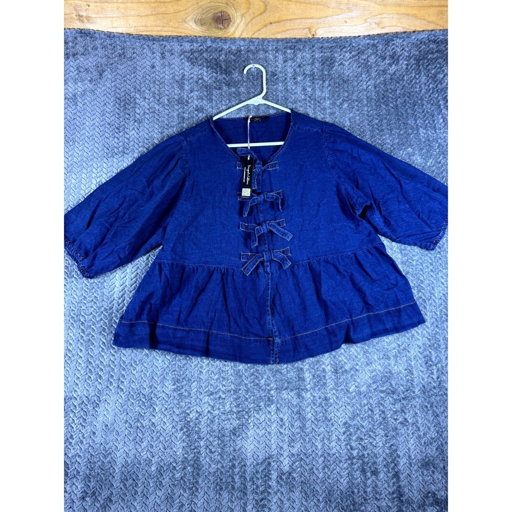 Velvet Heart Los Angeles Peplum Top Womens Large Blue Cotton Denim Tie Front